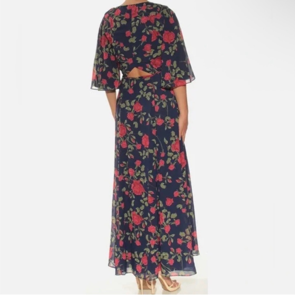 FAME AND PARTNERS Wrap Dress with Slit Floral Navy Maxi Dress w/ Bell Sleeve